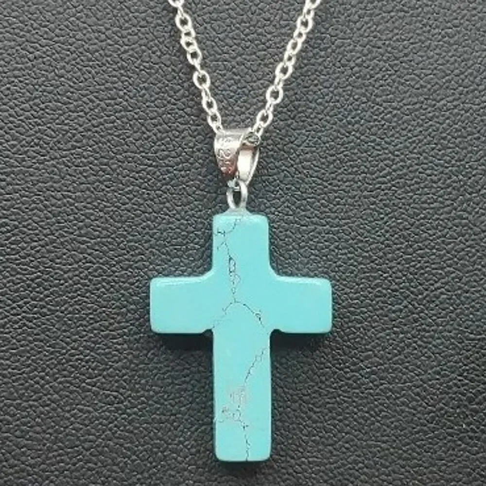 925 Silver Necklace W/ Turquoise Cross Pendant Western Native Christian Gift